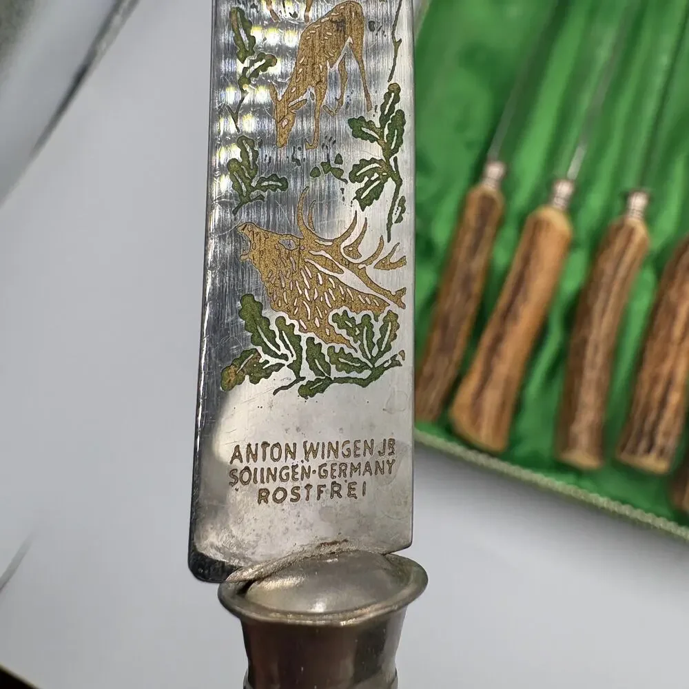 Vintage Anton Wingen Jr. Solingen Carving Steak Knives Stag Horn Handles Steel